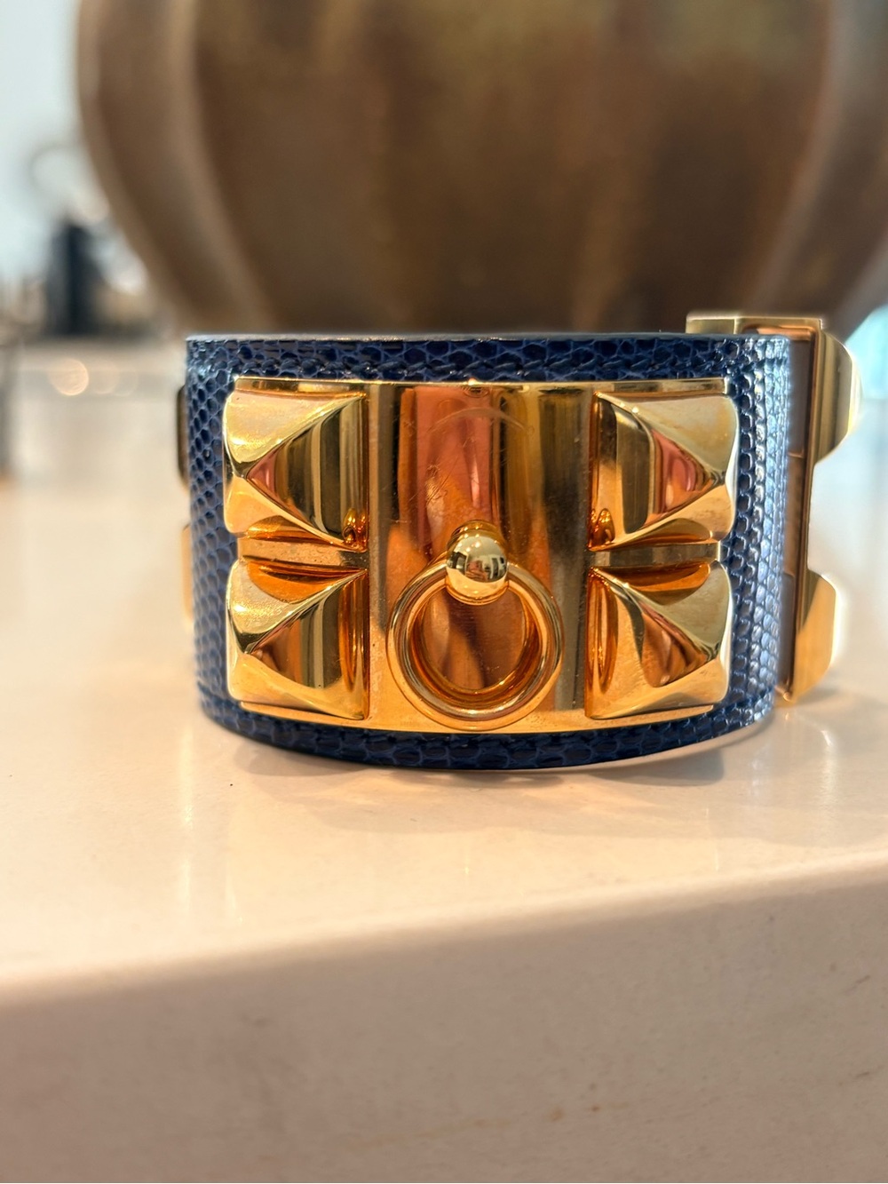 Hermes Rare  Blue Lizard Collier de Chien bracelet Bracelet with Gold Hardware